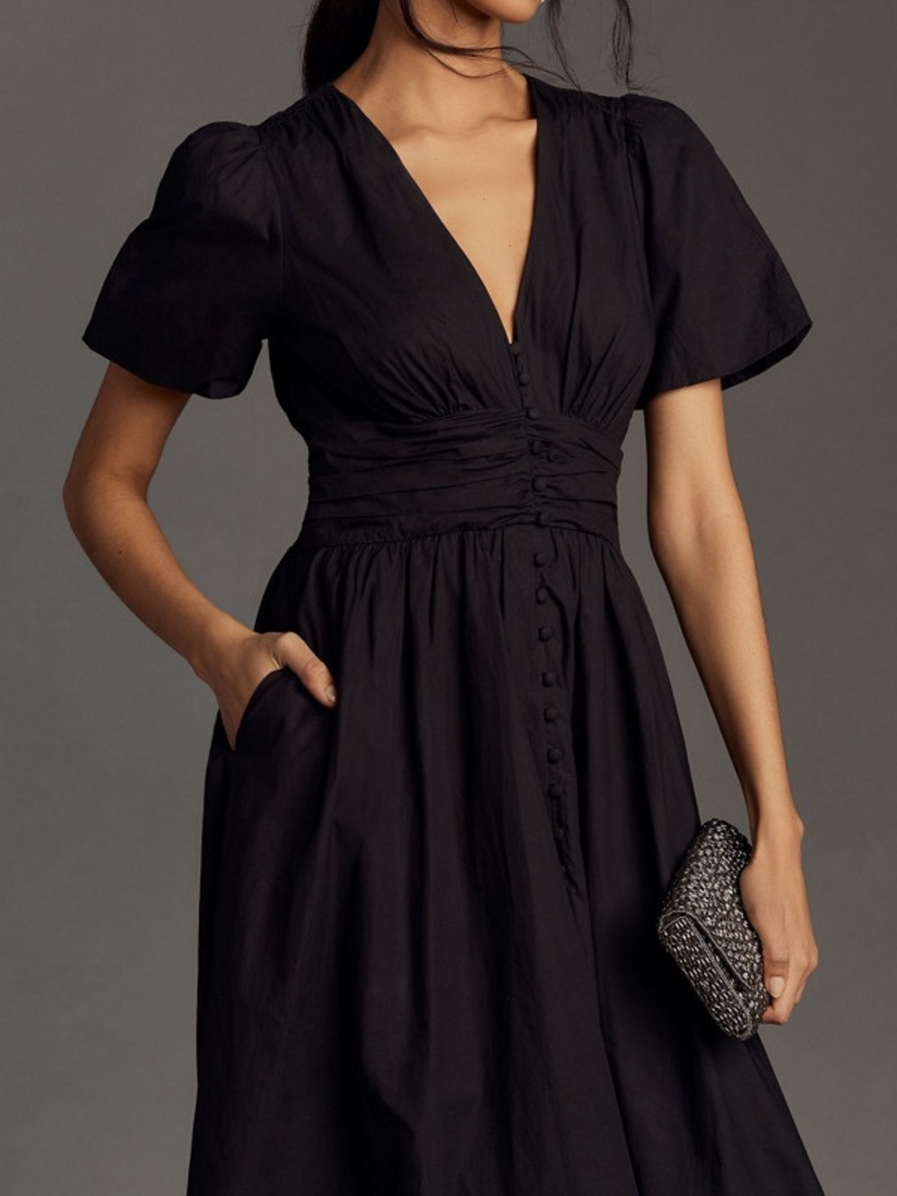 Anthropologie Katerina Black V-Neck Button-Front Midi Dress - Picture 4 of 5